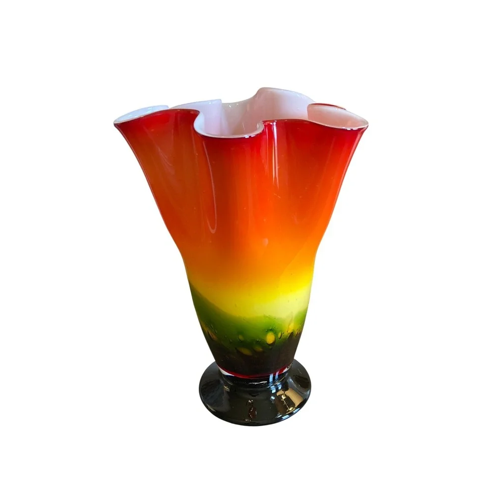 Art Glass Ruffled Handkerchief Vase Rainbow Red Orange Yellow Green 12 Inch MCM